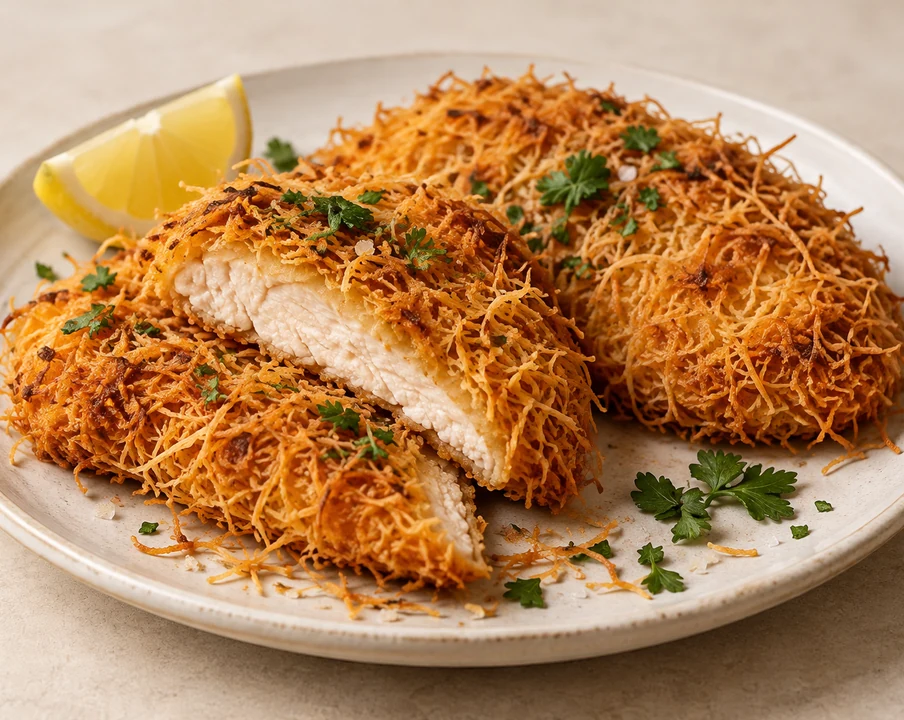 Chicken schnitzel dengan adonan kunafa